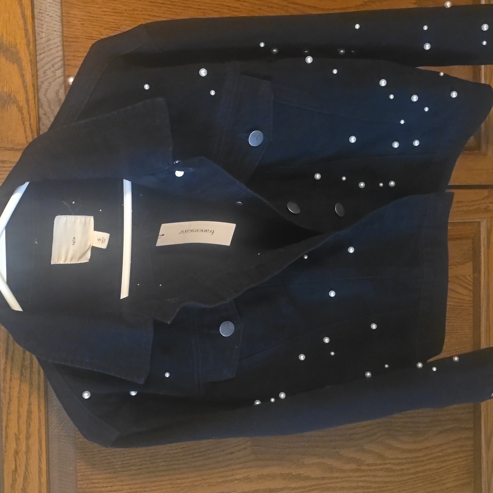Black Denim Jacket with Pearl Accents